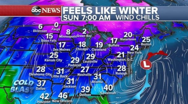 Wind chill temperatures will be in the teens and 20s across the Midwest and Northeast on Sunday morning. (ABC News)