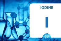 Iodine I, chemical element sign. 3D rendering isolated on white background. Iodine chemical 53 element for science experiments in classroom science camp