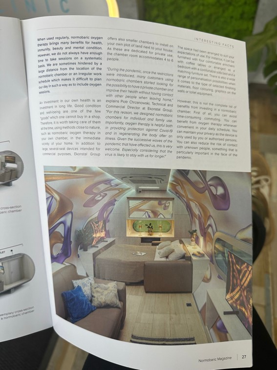 Magazine page featuring an article about normobaric oxygen therapy and an image of a futuristic and colorful normobaric chamber interior.