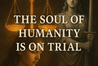 Illustration of Lady Justice blindfolded holding a sword and scales, standing behind a solemn woman with text reading "The Soul of Humanity Is on Trial."