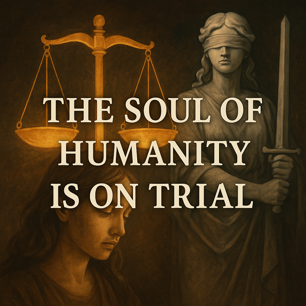 Illustration of Lady Justice blindfolded holding a sword and scales, standing behind a solemn woman with text reading "The Soul of Humanity Is on Trial."
