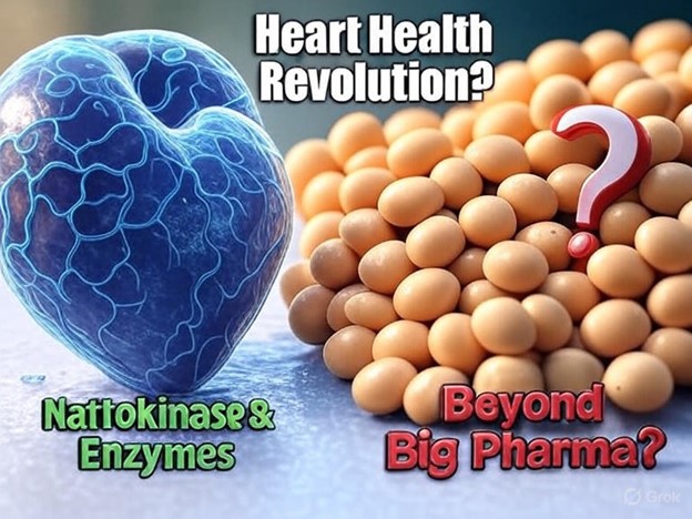 Illustration showing a blue digital heart next to soybeans with the text ‘Heart Health Revolution? Nattokinase & Enzymes, Beyond Big Pharma?’ highlighting the potential of nattokinase as a natural alternative for cardiovascular health.