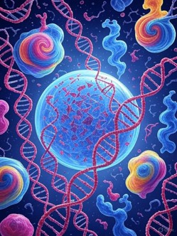 Artistic illustration of colorful DNA strands, proteins, and molecules surrounding a central blue cell, representing genetics, cellular biology, and molecular interactions.