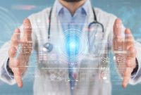 Doctor in a white coat interacting with a futuristic digital holographic medical interface, displaying data and system overview graphics.