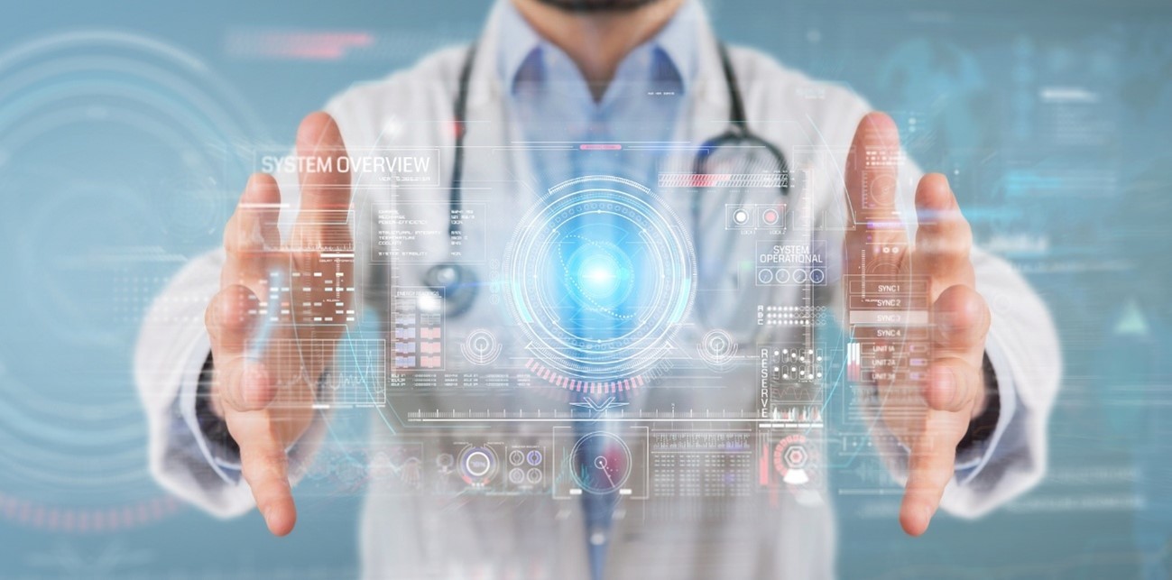 Doctor in a white coat interacting with a futuristic digital holographic medical interface, displaying data and system overview graphics.