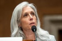 Woman with long gray hair speaking into a microphone at a public hearing or conference.
