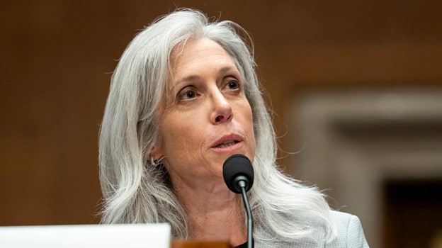 Woman with long gray hair speaking into a microphone at a public hearing or conference.