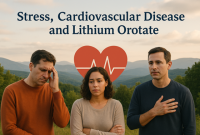 Three concerned people stand in front of mountains with a red heart and heartbeat line icon behind them, alongside the title “Stress, Cardiovascular Disease and Lithium Orotate.”