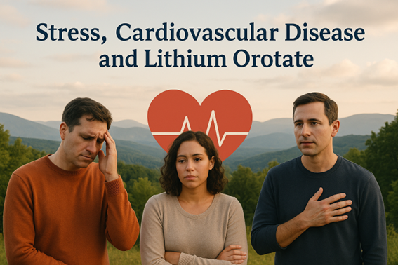 Three concerned people stand in front of mountains with a red heart and heartbeat line icon behind them, alongside the title “Stress, Cardiovascular Disease and Lithium Orotate.”