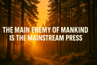 Sunset shining through tall trees in a dense forest with bold text overlay: "The main enemy of mankind is the mainstream press."