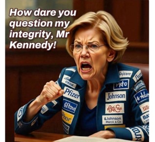 Illustration of a woman angrily shouting, wearing a jacket covered in pharmaceutical company logos like Pfizer, Johnson & Johnson, and Merck, with text: "How dare you question my integrity, Mr. Kennedy!"