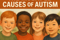 Poster titled 'The Multiple Causes of Autism' featuring smiling children of diverse ethnic backgrounds.
