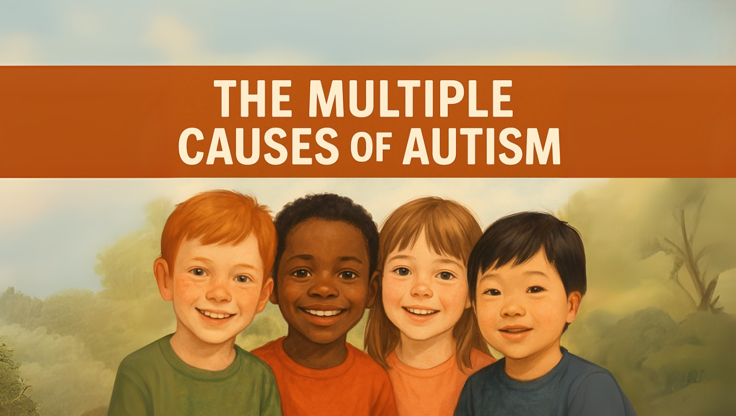Poster titled 'The Multiple Causes of Autism' featuring smiling children of diverse ethnic backgrounds.