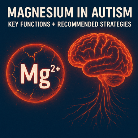 Visual highlighting the role of magnesium (Mg²⁺) in autism, with icons of a brain and nervous system emphasizing neurological function.