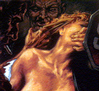 Dark illustration of a woman being attacked and silenced by two men, depicting assault.