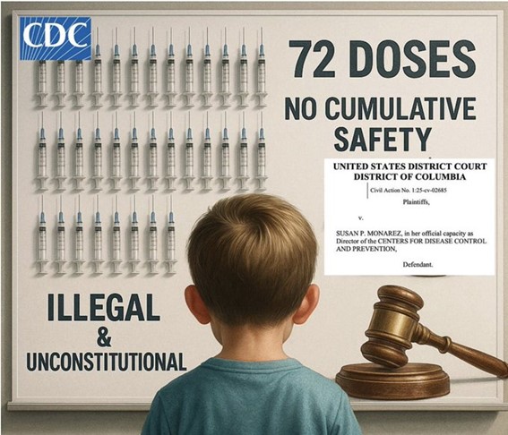 A child looks at a CDC poster showing 72 syringes, labeled “72 doses no cumulative safety,” with text calling it illegal and unconstitutional.