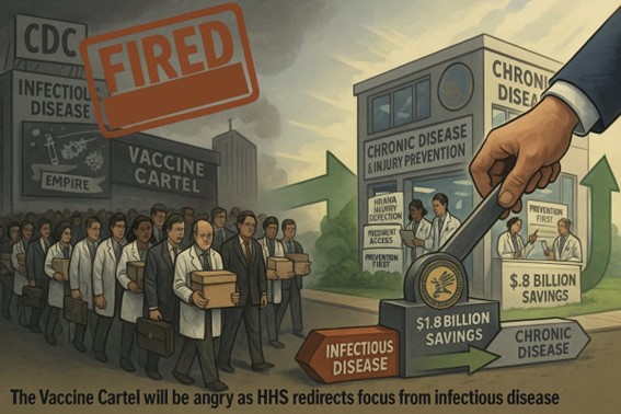 Illustration showing a large hand stamping “Fired” over a group of scientists labeled the Vaccine Cartel, as funding shifts from infectious disease to chronic disease prevention.