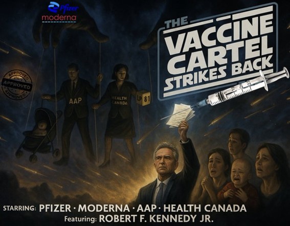 poster showing Robert F. Kennedy Jr. battling "The Vaccine Cartel," depicted as Pfizer, Moderna, AAP, and Health Canada manipulating puppets.