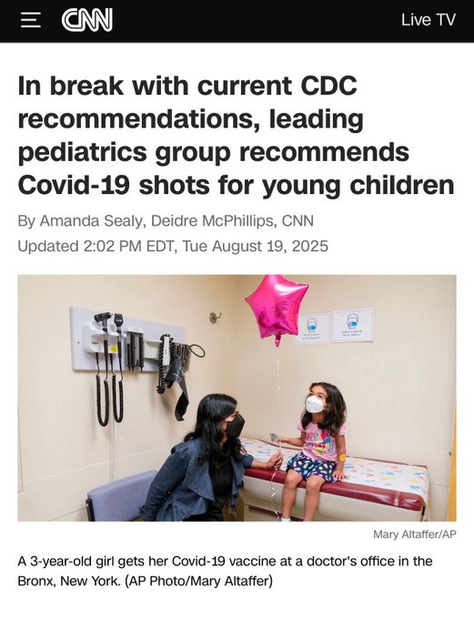 CNN article screenshot about pediatricians recommending Covid-19 vaccines for young children, showing a girl receiving a shot at a doctor’s office.