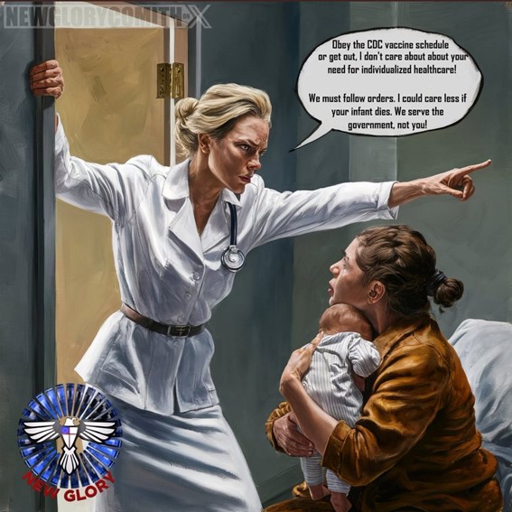 Illustration of a stern doctor pointing at a mother holding her baby, demanding obedience to the CDC vaccine schedule, prioritizing government over patient care.