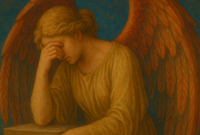 Painting of a sorrowful angel with red wings, resting one hand on a stone pedestal and covering their face with the other, conveying deep grief or contemplation.