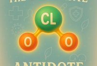 Illustration of a chlorine dioxide (ClO₂) molecule with the caption “The Universal Antidote,” symbolizing its potential health and detox applications.