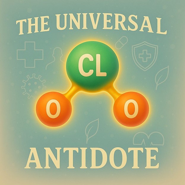 Illustration of a chlorine dioxide (ClO₂) molecule with the caption “The Universal Antidote,” symbolizing its potential health and detox applications.