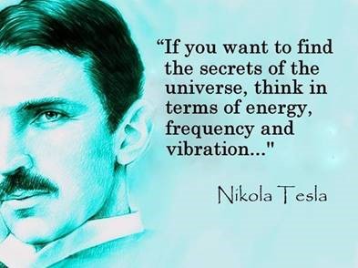 Illustration of Nikola Tesla with his quote: “If you want to find the secrets of the universe, think in terms of energy, frequency, and vibration.”