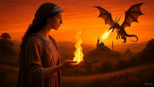 Digital artwork showing a woman holding fire in her hand at sunset while a dragon breathes flames in the distance.