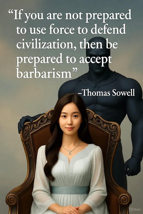 Quote image featuring a woman seated on a throne beside a dark armored figure, with the text “If you are not prepared to use force to defend civilization, then be prepared to accept barbarism – Thomas Sowell.”