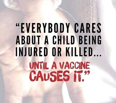 Image with the quote: “Everybody cares about a child being injured or killed… until a vaccine causes it.” The background shows a close-up of an adult hand holding a child’s hand, slightly blurred.