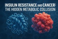 Illustration of insulin resistance and cancer showing two contrasting molecular structures: a blue tangled protein representing insulin pathways and a red clustered cancer cell mass.