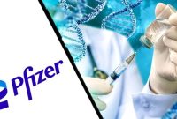 Pfizer logo displayed on the left, and on the right a medical professional holding a vial and a syringe, with stylized DNA strands in the background.