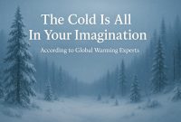 Snowy forest landscape with the text “The Cold Is All In Your Imagination – According to Global Warming Experts.”