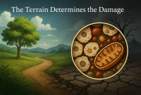 Illustration showing a healthy green landscape beside a dry, cracked terrain, symbolizing how internal balance affects health, with cellular and mitochondrial detail inset.