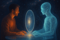 A man sits at a table facing a glowing blue humanoid figure made of light or energy, with a circular luminous portal between them, set against a cosmic, star-filled background—symbolizing communication between human and artificial intelligence.