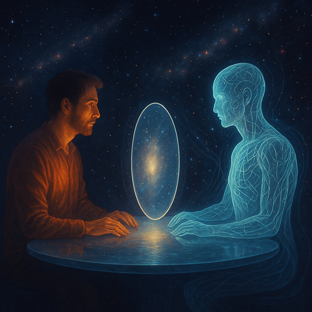A man sits at a table facing a glowing blue humanoid figure made of light or energy, with a circular luminous portal between them, set against a cosmic, star-filled background—symbolizing communication between human and artificial intelligence.