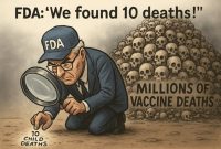 Illustration criticizing the FDA, showing an official inspecting a small number of deaths beside a massive pile of skulls representing vaccine fatalities.