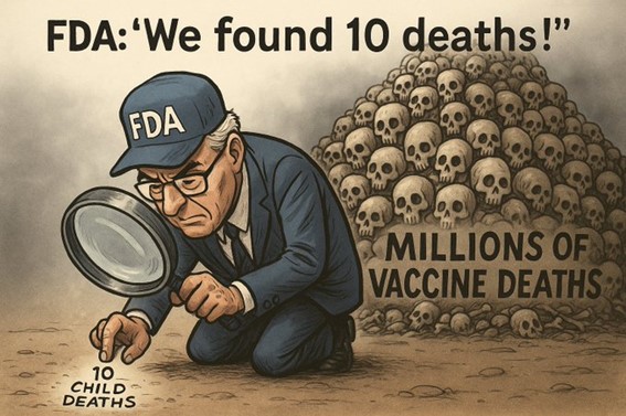 Illustration criticizing the FDA, showing an official inspecting a small number of deaths beside a massive pile of skulls representing vaccine fatalities.