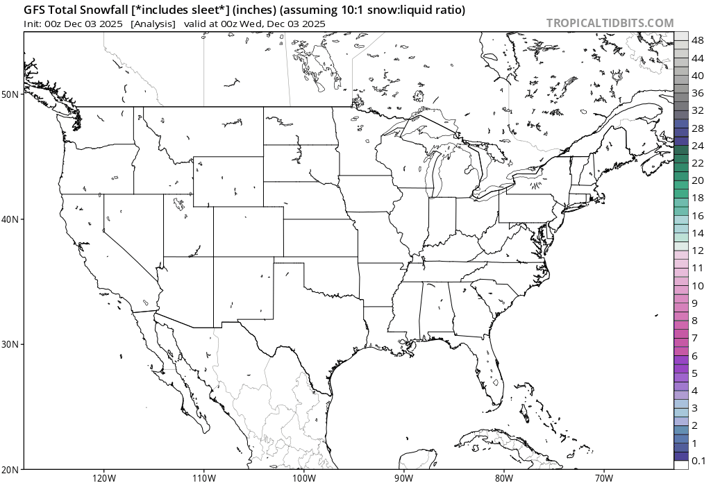 Weather forecast map of the United States showing projected total snowfall in inches from the GFS model, including sleet, assuming a 10:1 snow-to-liquid ratio. The map is labeled “Init: 00z Dec 03 2025” and “valid at 00z Wed, Dec 03 2025,” with a color scale indicating snowfall amounts.