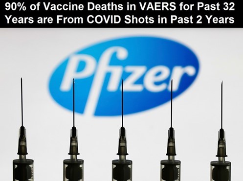 Pfizer logo behind a row of syringes illustrating concerns over vaccine safety and pharmaceutical accountability.