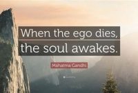Scenic mountain landscape at sunrise with a quote that reads ‘When the ego dies, the soul awakes,’ attributed to Mahatma Gandhi.