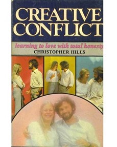 Book cover of Creative Conflict by Christopher Hills, showing couples engaging in communication exercises and a smiling couple embracing.