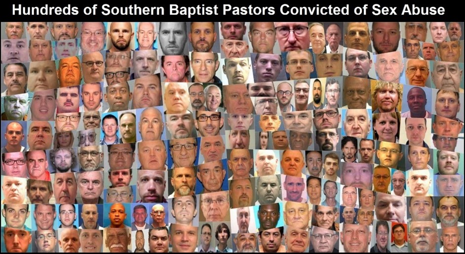 A collage of many faces of men, with a caption about convictions for abuse