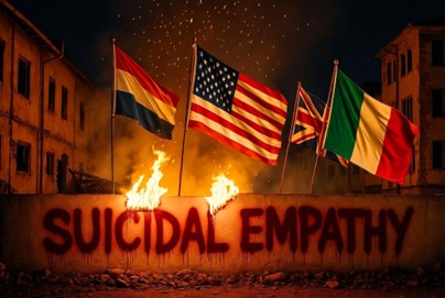 Several national flags behind a burning wall with the words “Suicidal Empathy” painted on it