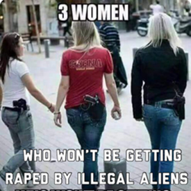 Three women walking outdoors, each with a handgun holstered on their waist