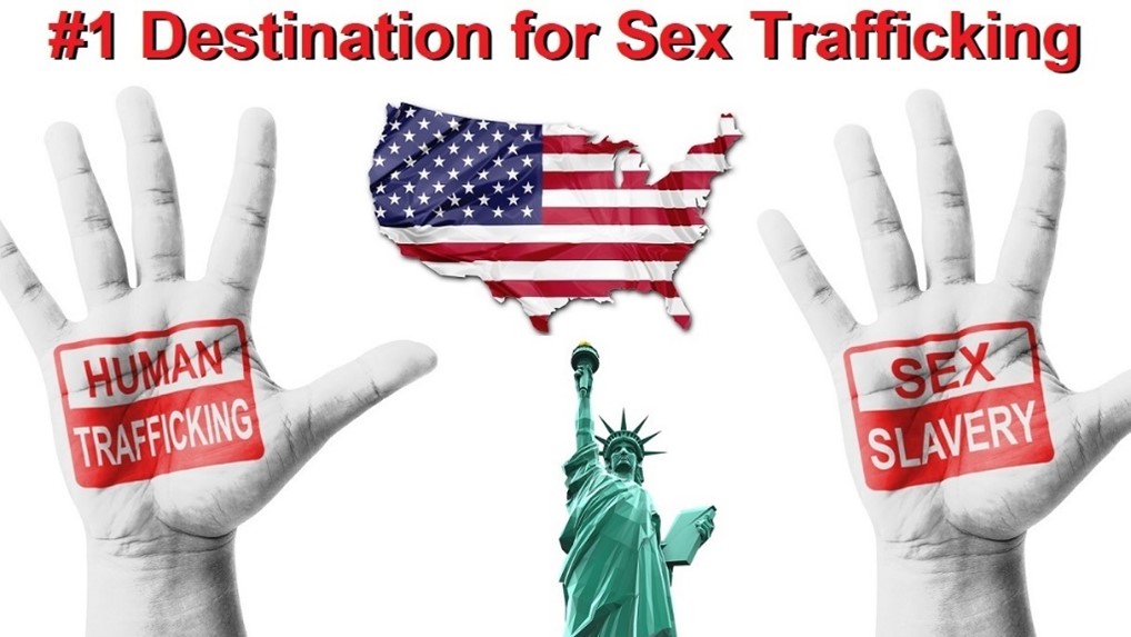 Graphic showing two hands with “Human Trafficking” and “Sex Slavery” written on them, a U.S. map with the flag pattern, and the Statue of Liberty