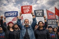 Large crowd of people holding protest signs reading “RESIST,” “RISE UP,” “STOP ICE,” and “JUSTICE FOR ALL” during a public demonstration.