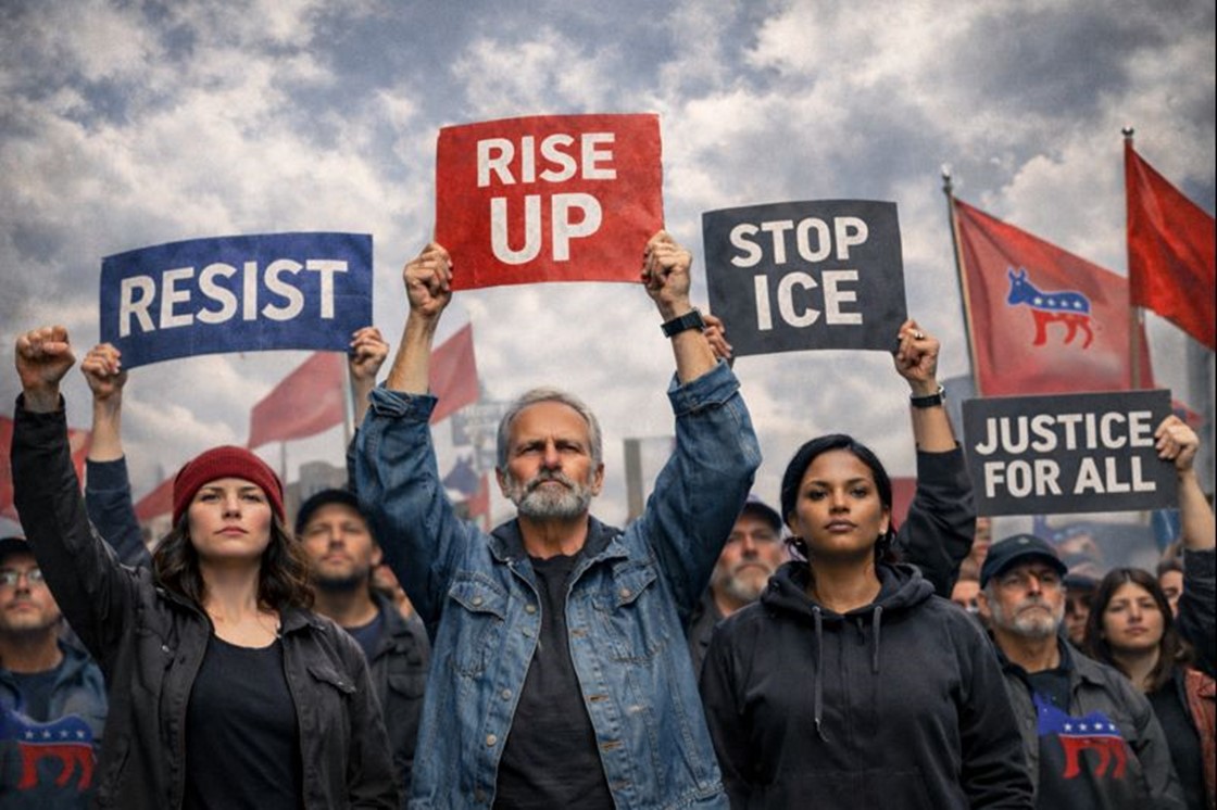 Large crowd of people holding protest signs reading “RESIST,” “RISE UP,” “STOP ICE,” and “JUSTICE FOR ALL” during a public demonstration.