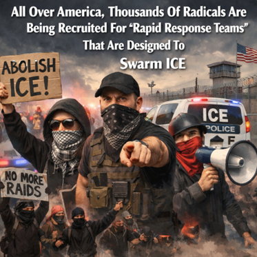 Dramatic composite image showing masked individuals holding signs and megaphones in front of police vehicles, with bold text about organized protest activity.